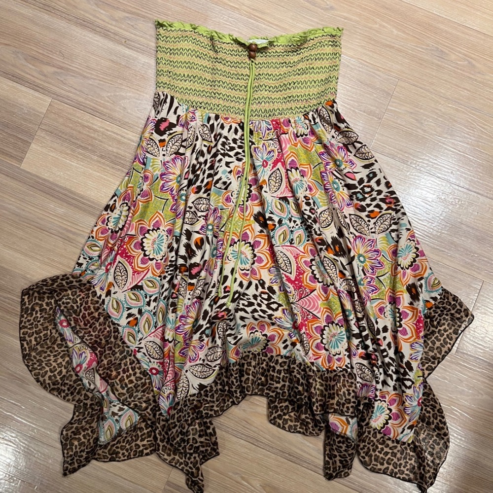 Versona Womens Strapless Handkerchief Dress Smocked Floral Leopard Green Large